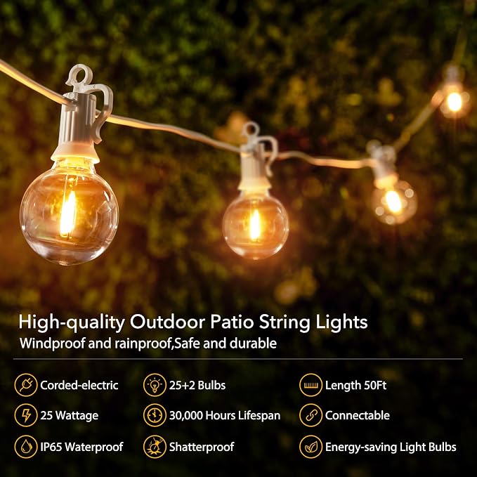 Brightown Outdoor String Lights, 50FT 25 G40 Bulbs Shatterproof Patio Lights - Image 3