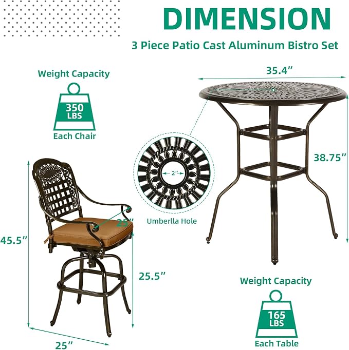 VIVIJASON 3-Piece Patio Swivel Bar Stools Set, All Weather Outdoor Cast - Image 6