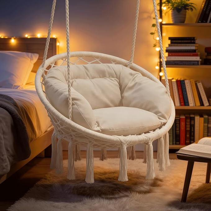 Monibloom Hanging Hammock Chair w/Large Comfy Cushion, Macrame Swing Chair - Image 7