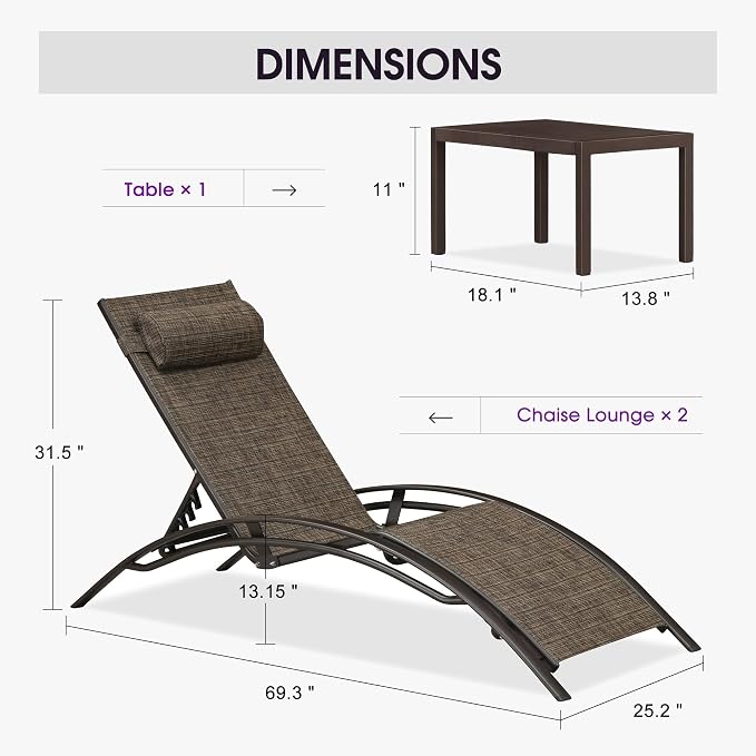 PURPLE LEAF Outdoor Chaise Lounge Chair Set of 3 Patio Pool Lounger Bronze - Image 2