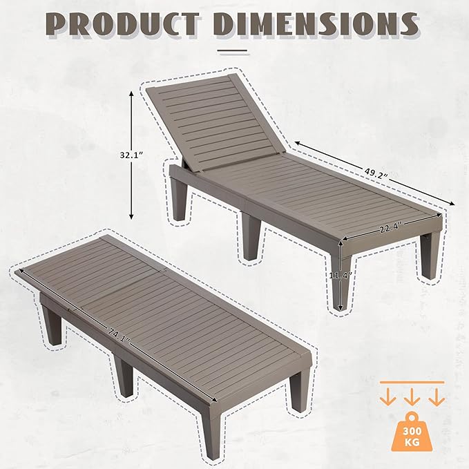 Outdoor Chaise Lounge Set of 4, Lightweight Patio Chairs, Waterproof Sun - Image 3