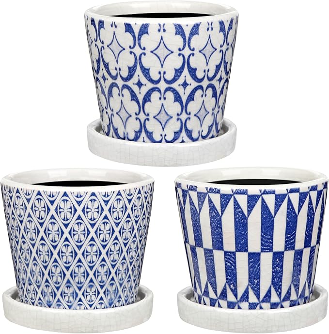 Small Ceramic Pots for Plants, 4.7 inch Blue and White Plant Pot Indoor by Oairse