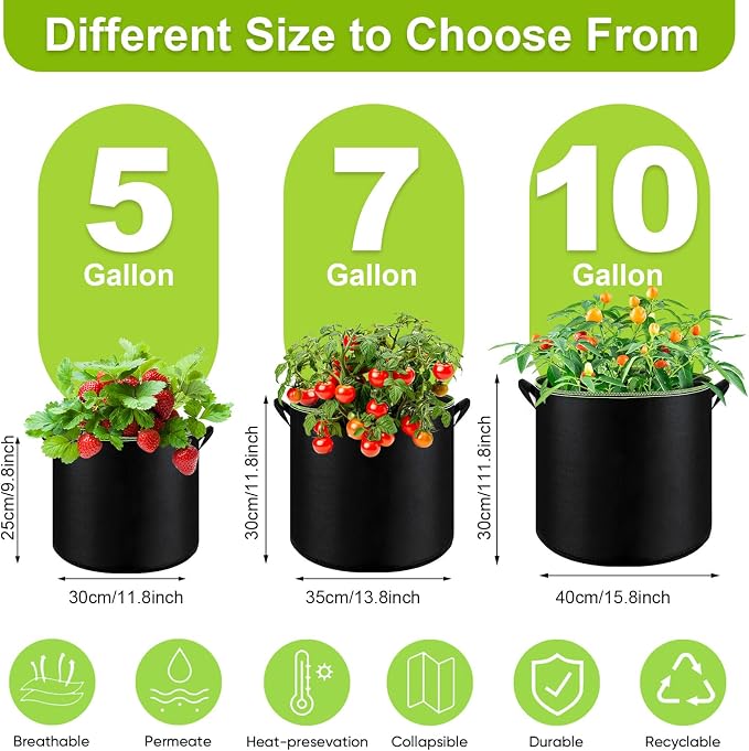 6-Pack 5/7/10 Gallon Grow Bags - 300G Heavy Duty Aeration Fabric Pots - Image 2