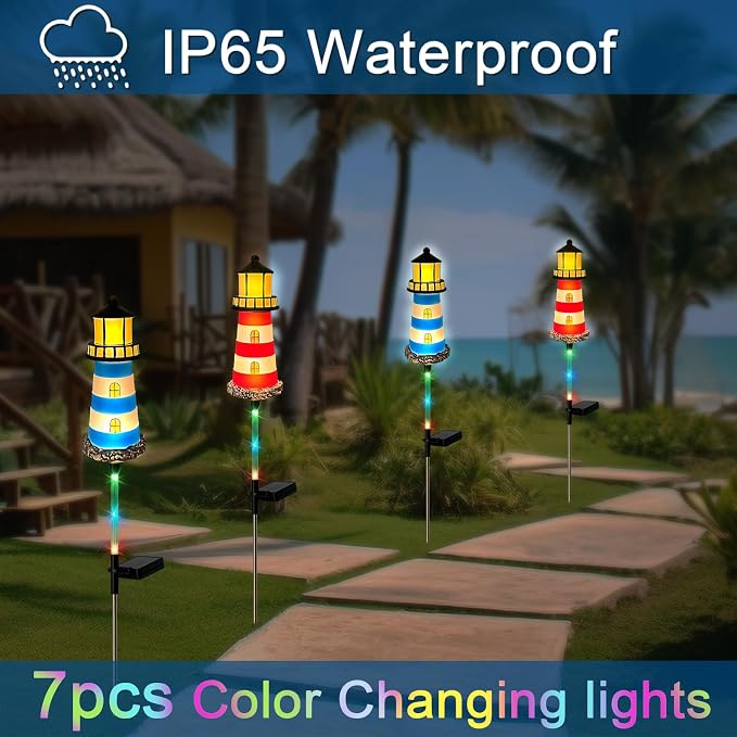 4 Pack Lighthouse Solar Lights, 7 Light Color Changes, IP65 Waterproof Solar - Image 5