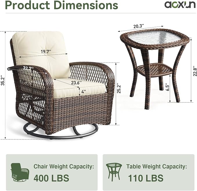 Aoxun 3 Pieces Patio Furniture Set, Patio Swivel Rocker Chairs Set of 2 - Image 7