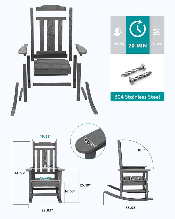 SERWALL Outdoor Rocking Chair Set of 6, Patio Rocking Chair Sets, HDPE Rocking - Image 5