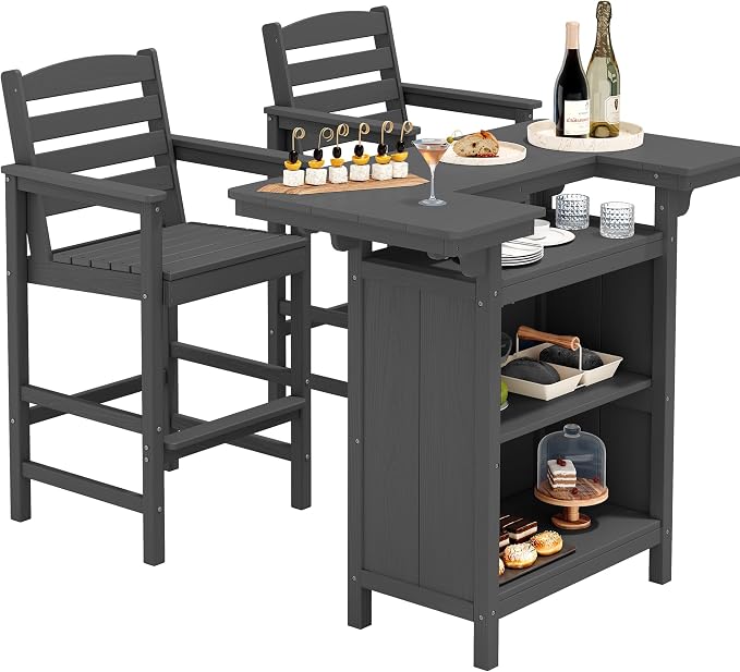 SERWALL Outdoor Bar Table Set – HDPE Grey Patio Bar Cabinet by SERWALL