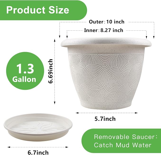 Plastic Flower Pots Planters For Indoor Plants, 3 Pack 10 Inch White Plant Pots - Image 3