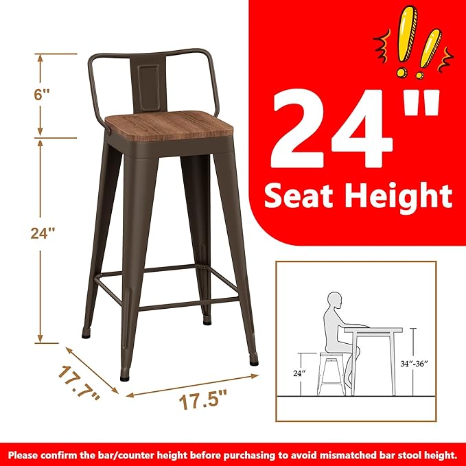 WENTMENT Industrial Rusty Bar Stools Set of 4, Wooden Seat, Removable Back - Image 2