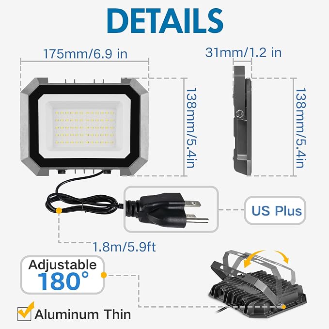 2 Pack LED Flood Lights Outdoor, 50W 5000LM Super Bright Floodlight Outside - Image 4