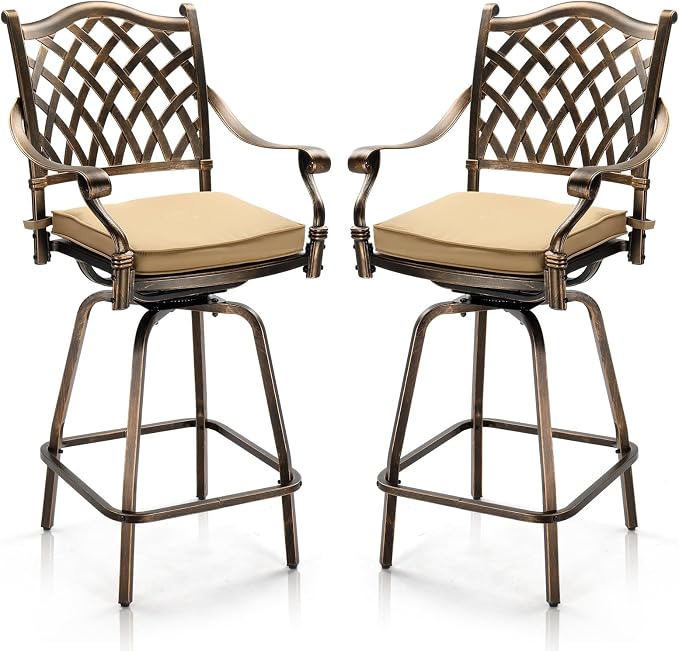 VINGLI Outdoor Swivel Bar Stools Set of 2, Cast Aluminum Patio Bar Height Chair by VINGLI