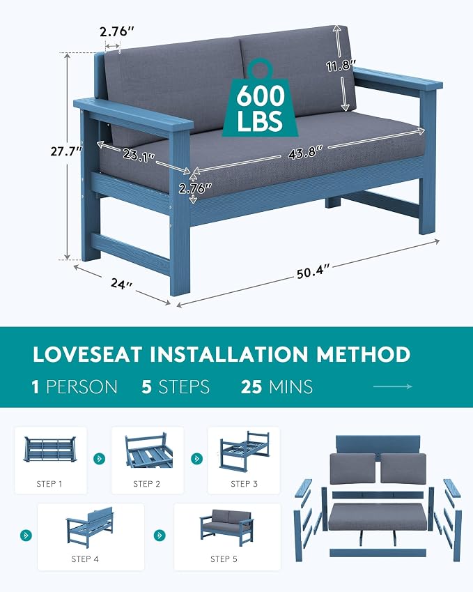 SERWALL Blue HDPE Outdoor Loveseat - Image 2