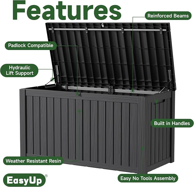 EasyUp 180 Gallon Outdoor Storage Box, Resin Waterproof UV-Resistant Deck Box - Image 3