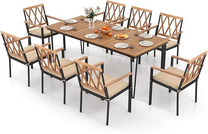 Tangkula 9 Piece Patio Dining Set, Outdoor Rectangular Dining Table w/Acacia by TANGKULA