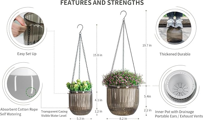 Josteve 5.2/8.2 Inch 2 Pcs Self Watering Hanging Planter Indoor Plant Pots - Image 5