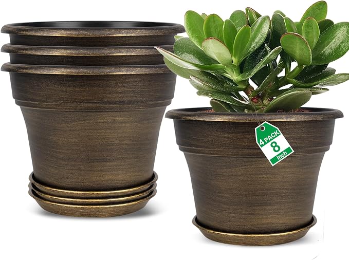 Plant Planters Pots Set of 4 Pack 8 Inch, Plastic Flower Pot by Fodetyff