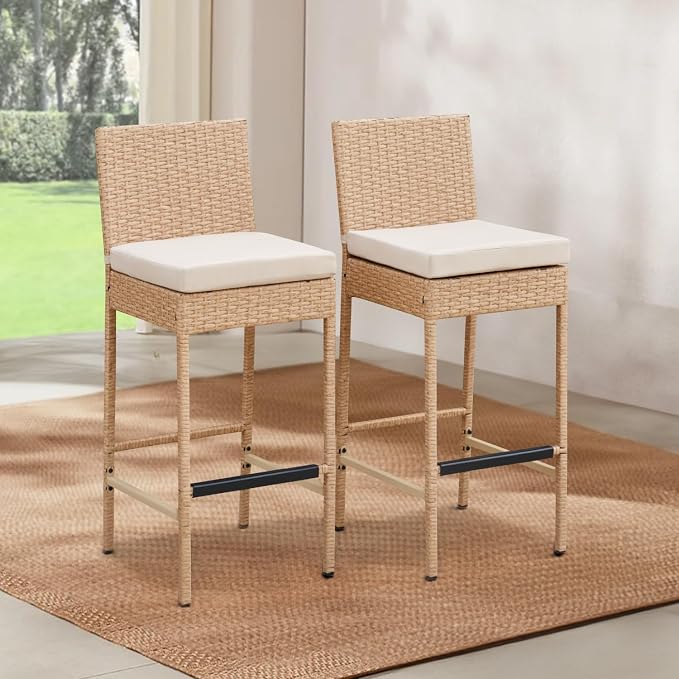 ECOTOUGE Outdoor Bar Stools, Wicker Woven Patio Stools & Patio Bar Chairs - Image 2