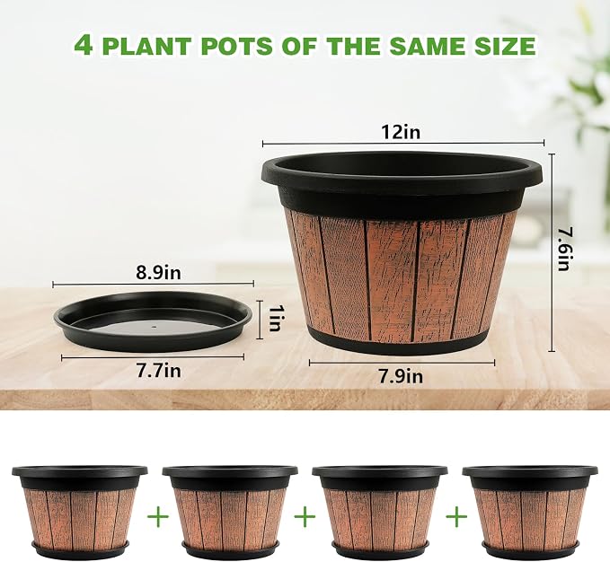 Quarut 4 Pack 12 inch Plant Pots, Whiskey Barrel Planters - Image 5