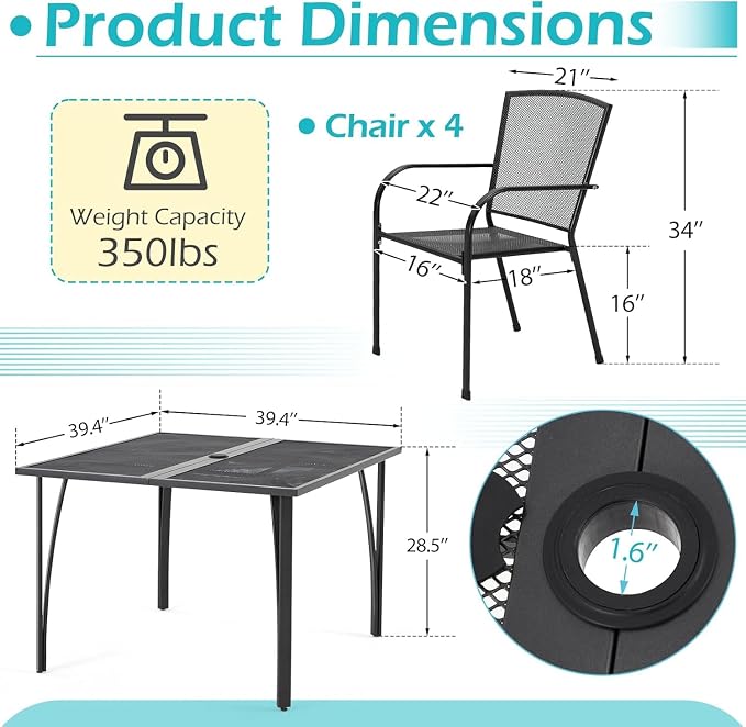 AECOJOY39.4 Outdoor Patio Dining Table and Chairs Set - Image 2