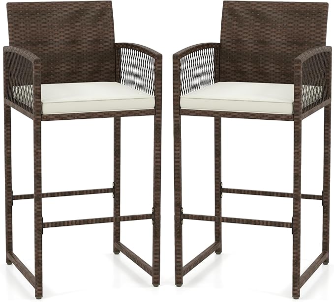 Tangkula Patio Bar Stools Set of 2, PE Rattan Bar Height Chairs by TANGKULA