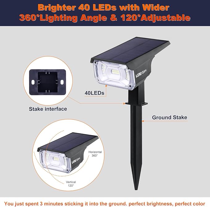 Solar Spot Lights, IP65 Waterproof 40 LEDs Landscape Spotlights, USB & Solar - Image 6