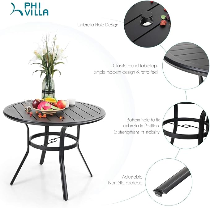 PHI VILLA 5 Piece Round Patio Dining Set, Round Metal Table - Image 7