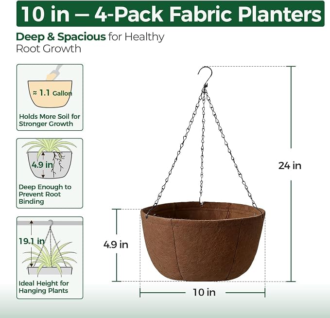 T4U Hanging Planters for Outdoor Plants, 10 Inch 4 Pack Fabric Hanging Baskets - Image 2