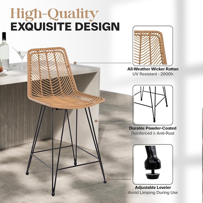 IDZO Rattan Counter Height Bar Stools, 36.5" Tall, 400lbs Capacity, Durable - Image 3