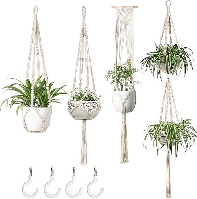 Mkono Macrame Plant Hangers Set of 4 Indoor Hanging Planter Basket Wall by Mkono