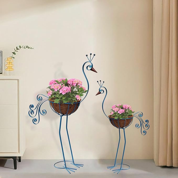 Metal Peacock Planter with Fiber Basket -Garden Bird Planters - Image 3
