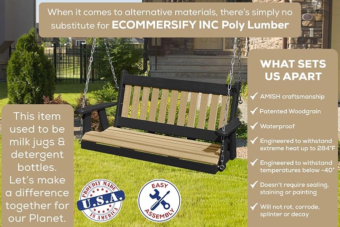 Mission Poly Lumber Wood 5FT Porch Swing Amish Craftsmandship Made in USA HDPE - Image 3