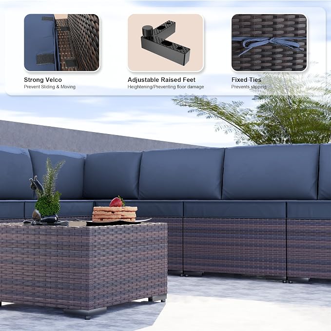 Kullavik 9 Pieces Outdoor Patio Furniture Set PE Wicker Rattan Sectional Sofa - Image 3