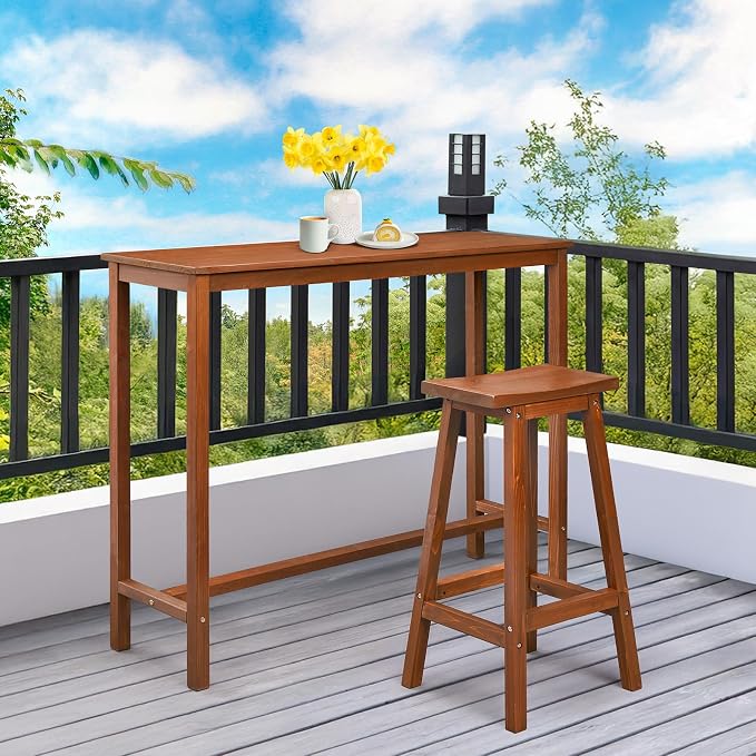 VINGLI Wooden Outdoor Bar Table, Wood Patio Counter Height Table, - Image 2