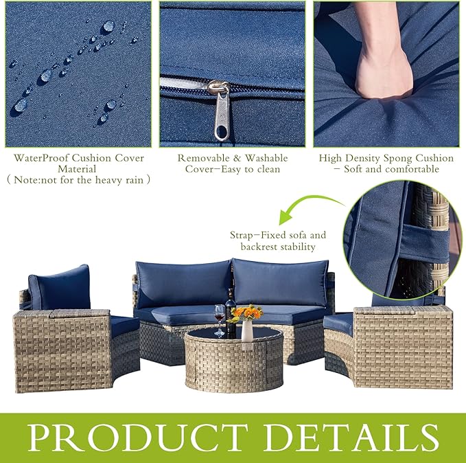 ECOTOUGE 7 Piece Outdoor Half Moon Furniture, Wicker Patio Sectional - Image 5