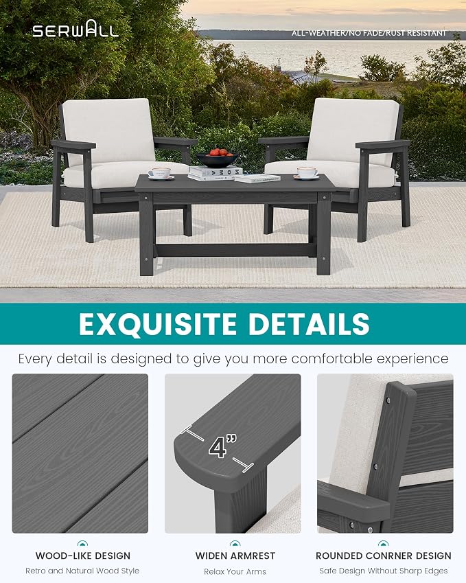 SERWALL HDPE Outdoor Couch Set of 2, All-Weather Wood-Like Patio Furniture Set - Image 6