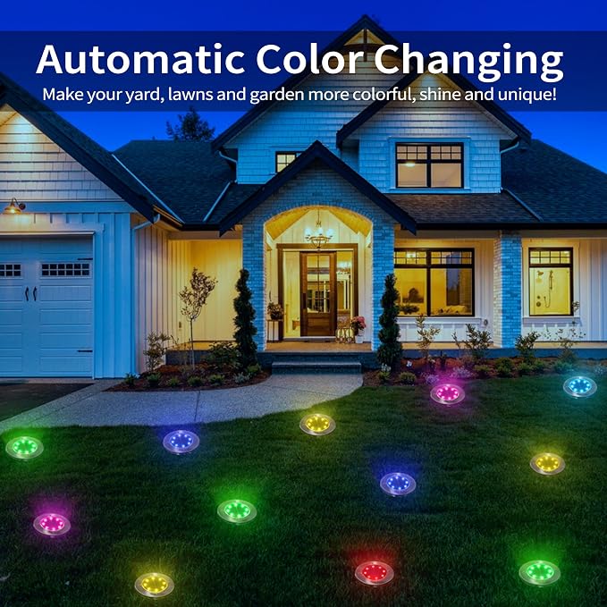 LYHOPE Solar Ground Light Outdoor, 16 Pack 8 LED Color Changing Solar Disk - Image 4