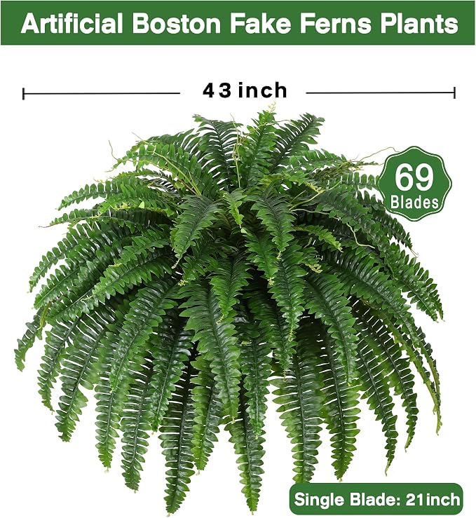 Single Silky Artificial Boston Fern Bush, 43Inch Large Artificial Ferns - Image 2