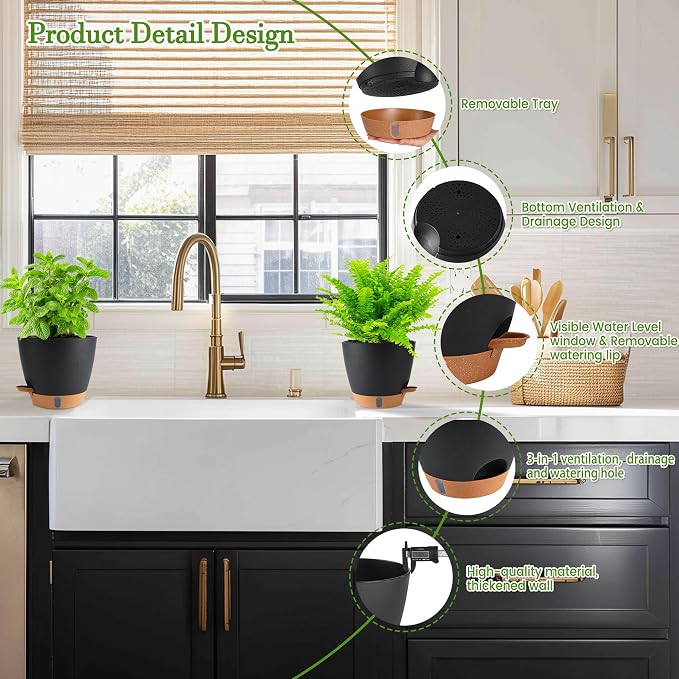 Self Watering Pots for Inoor Ourdoor Plants 8/7/6.5/6/5 Inch Plastic Planters - Image 5