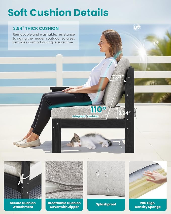 SERWALL 3 Pieces Patio Conversation Set, All-Weather HDPE Outdoor Sofas - Image 4