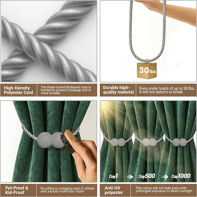 Hion Magnetic Curtain Tiebacks Grey 4 Pack, Curtain Tiebacks Buckles Holdbacks - Image 3