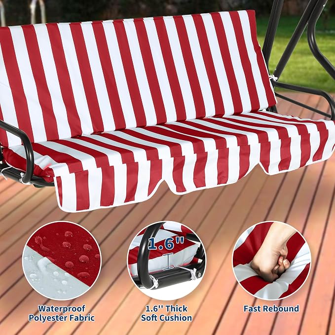 Outdoor Porch Swing Chair with Adjustable Canopy & Striped Seat Cushion - Image 5