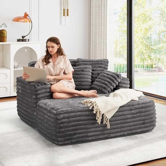 56" Oversized Chaise Lounge Chair Indoor, Plush Faux Fur Sleeper Sofa Couch Bed - Image 6