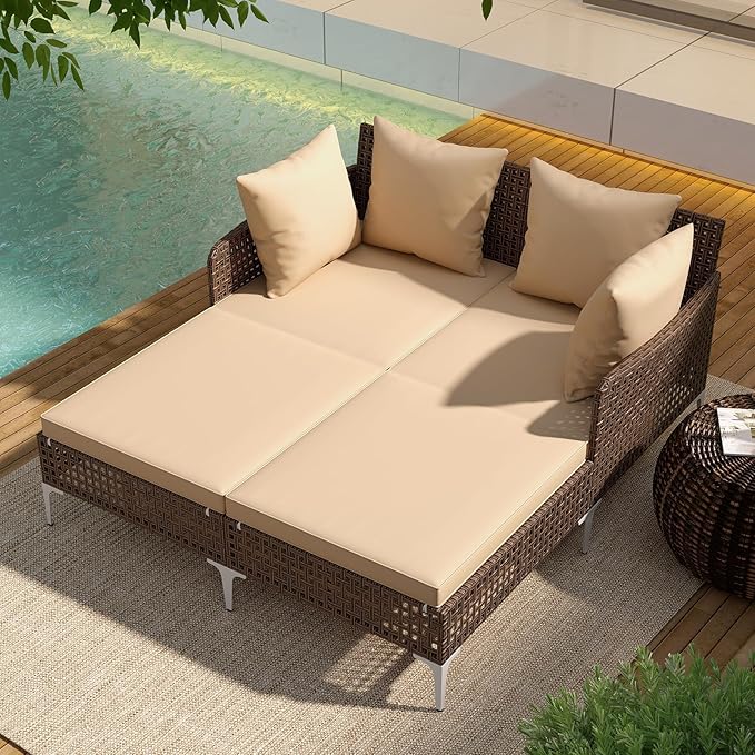 Tangkula Outdoor Rattan Double Daybed, Boho Wicker Chaise Lounge - Image 3