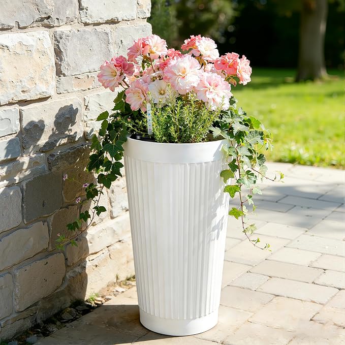 24” Tall Outdoor Planters Set of 2, Self Watering Flower Pots White Planters - Image 6