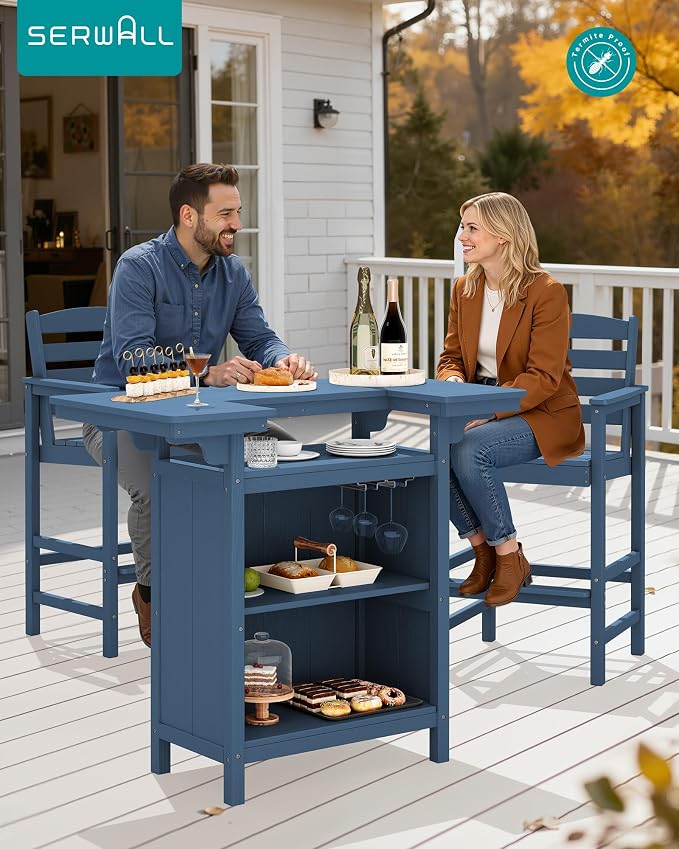 SERWALL Outdoor Bar Table Set – HDPE Blue Patio Bar Cabinet - Image 2
