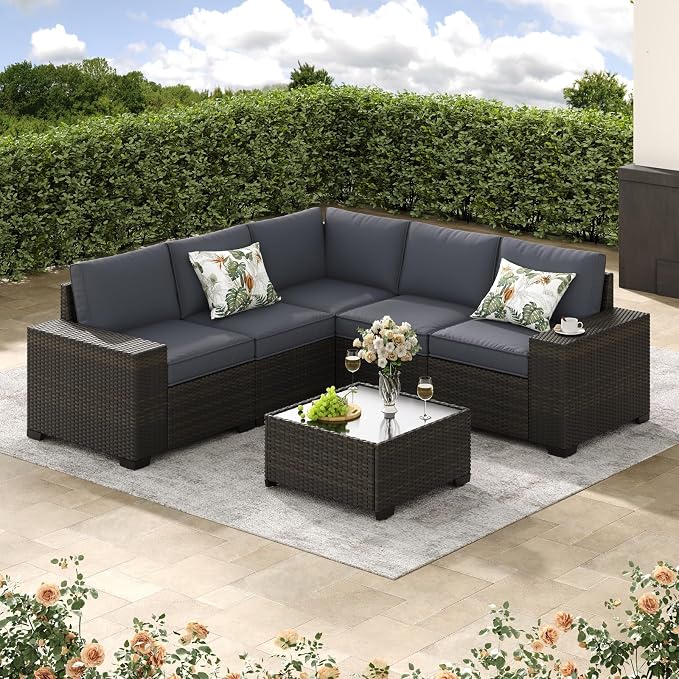 Jing's Villa 6-Piece Patio Furniture Set, All-Weather Outdoor Wicker Sectional by JingsVillaOutdoorFurniture