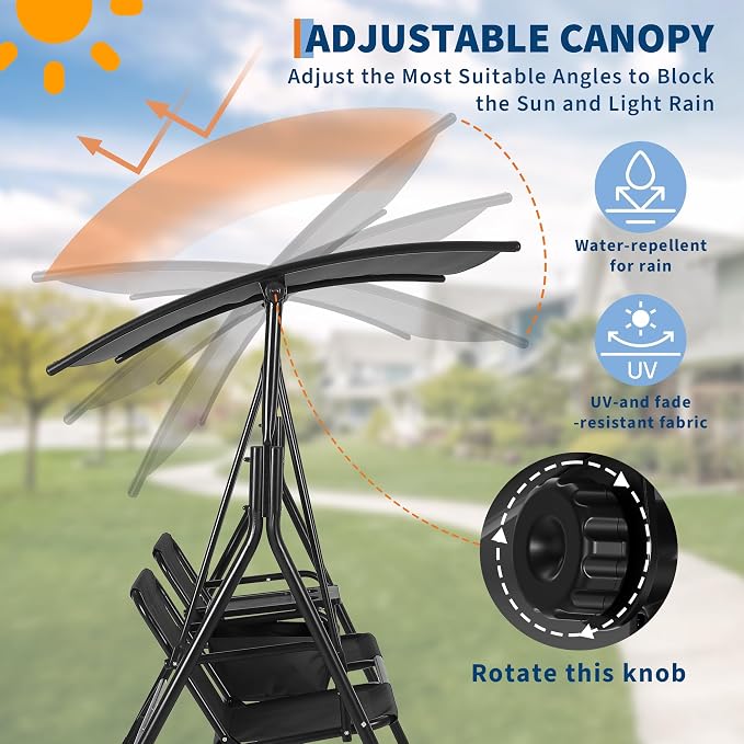 Porch Swing with Cup Holders & Pivot Storage Table & Cooler Bag with Adjustable - Image 2