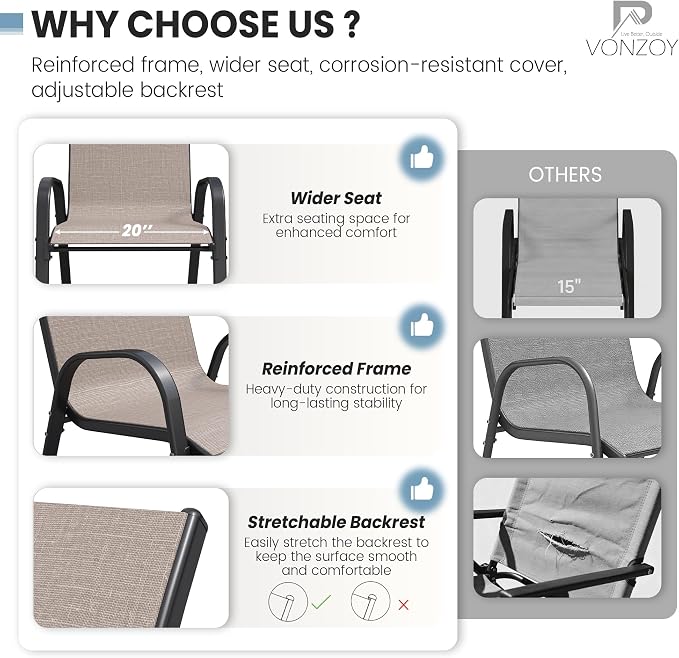 Patio Dining Chairs Set of 2, Outdoor Stackable Chairs, Breathable Seat and - Image 5