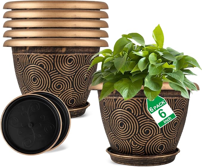 6 Inch Flower Pots Planters for Indoor Outdoor Plants, 6 Pack Plastic Small by Fodetyff