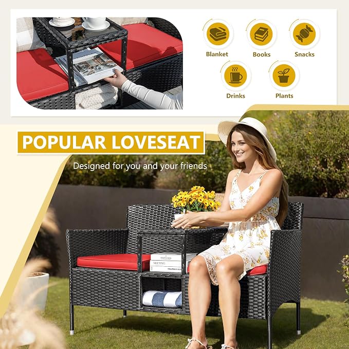 Devoko Outdoor Patio Loveseat Modern Rattan 2-Seat Patio Conversation Set - Image 3